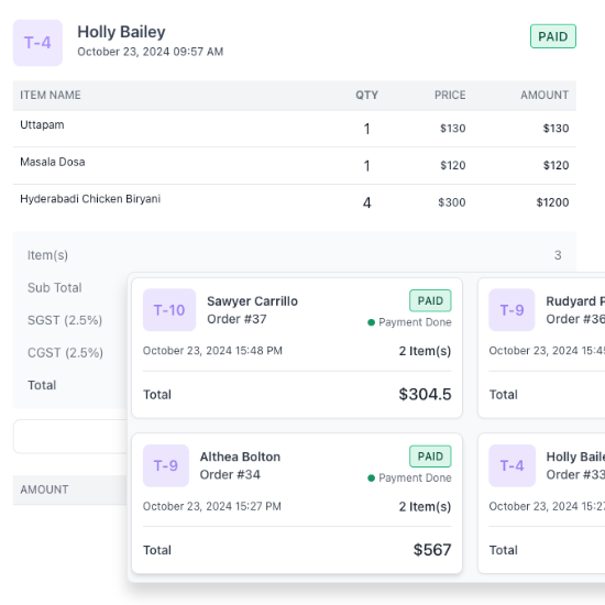 Restaurant manager dashboard showing table order management