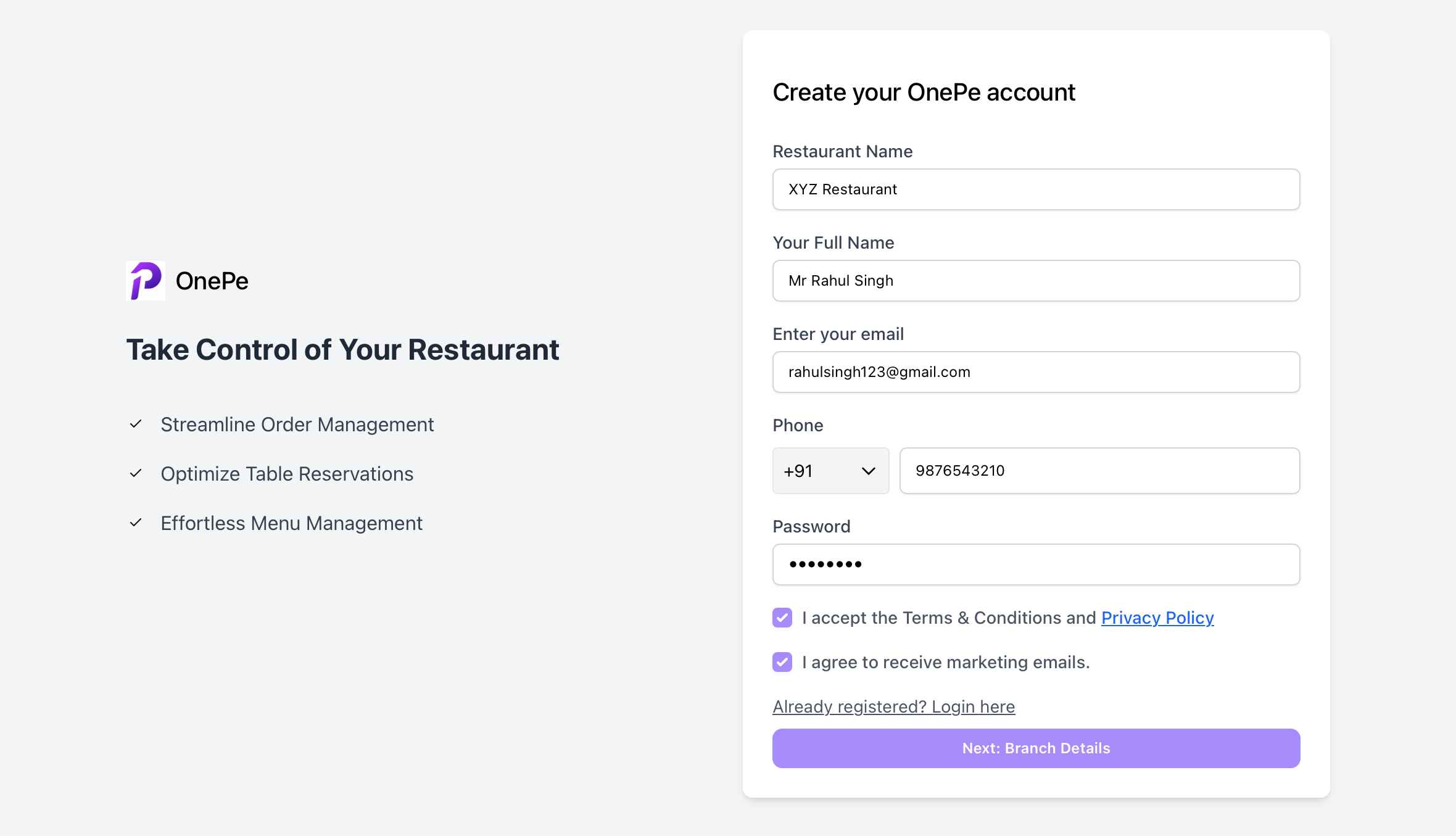 Add details like Restaurant Name, Your Full Name, Email, Phone Number. Accept the agreements and Click Next.